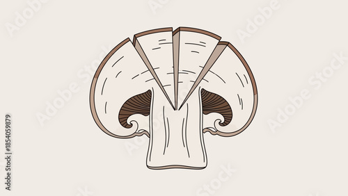 Detailed illustration of a sliced button mushroom showing gills and stem.