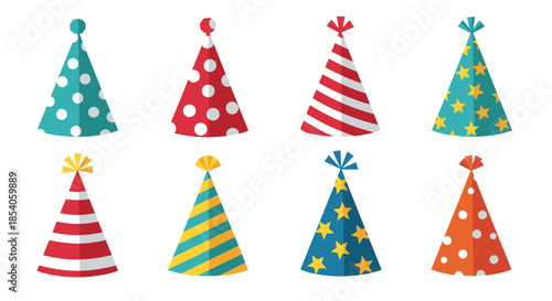 Collection of festive party cone hats decorated with various colorful patterns like polka dots, stripes, and stars on white background.