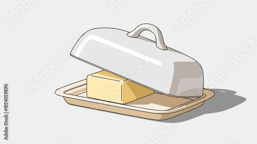 Butter slab on a ceramic butter dish with cover casting shadow.
