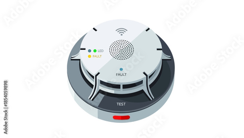 Close-up view of a white smoke detector with test button and indicator lights.