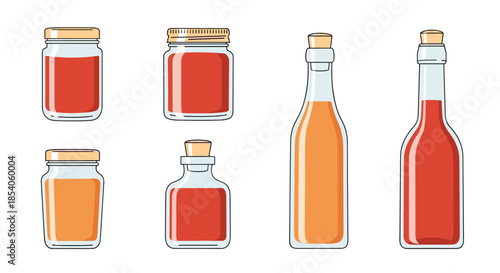 Set of glass jars and bottles of various shapes filled with red and orange liquid isolated on a clean white background for kitchen decor.