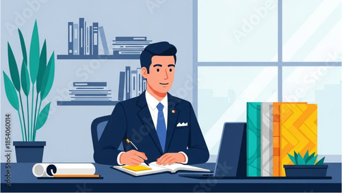 A businessman writing in a notebook at his office desk with a laptop and books nearby