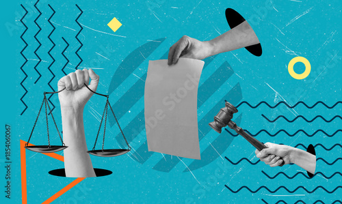 Art collage showing hands holding a scale, a paper, and a gavel above a blue background with abstract shapes and designs