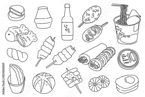 Set of Korean food doodle hand drawn, vector illustrations, traditional street food for menu, marketing, social media, wrap