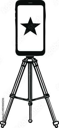 Mobile Device on Tripod: A monochrome graphic of a mobile phone secured on a sturdy tripod, with a bold star prominently displayed on the screen.