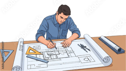 Man designing architectural plans with precision tools on a wooden table