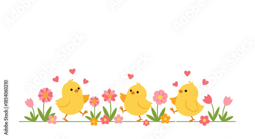 Three cute yellow baby chicks walking among pink flowers and floating hearts on a white background for spring and easter celebration.