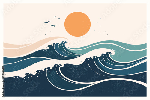 Minimalist/modern flat, poster illustration of ocean waves under the sun