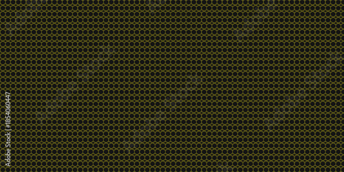 Dark grey abstract wide horizontal banner with hexagon carbon fiber grid and orange luminous lines. Technology vector background with orange neon lines