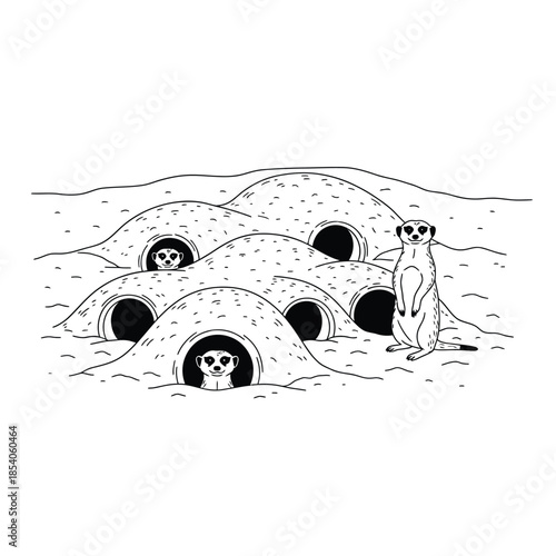 Whimsical meerkat colony sketch illustration with watchful guardian