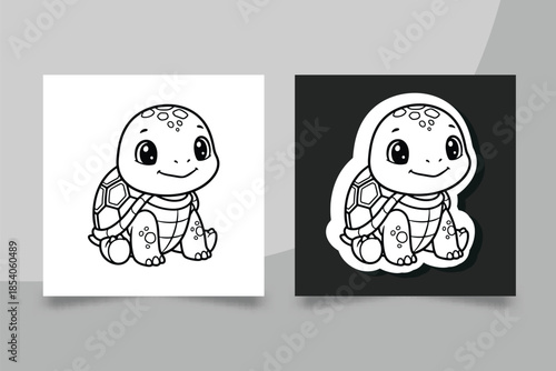 Cute Baby Turtle Line Art Sticker Set for Kids Coloring Pages and Minimalist Tortoise Character Vector Illustration