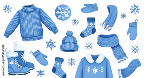 Set of cozy blue winter clothing and accessories including a sweater, hat, scarf, mittens, and boots decorated with white snowflakes.