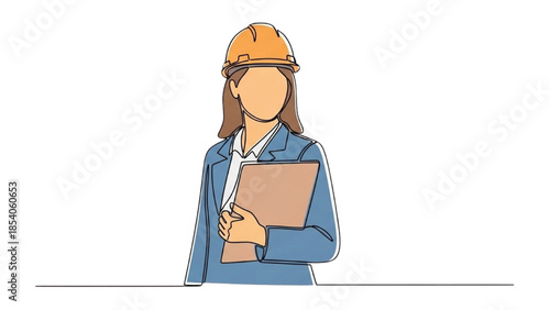 A female engineer holding a clipboard and wearing a hard hat stands confidently in a professional setting.