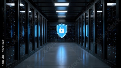 Secure IT data center server room with cloud infrastructure and AI cybersecurity shield for enterprise networks, digital security concepts, data protection backgrounds, and modern technology use