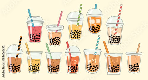 Collection of different bubble tea flavors in clear plastic cups with colorful straws and black tapioca pearls on light background.