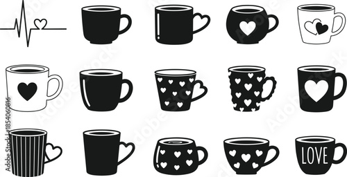 Black and white coffee mug silhouettes set with heart patterns and love designs isolated on white background for kitchen cafe design