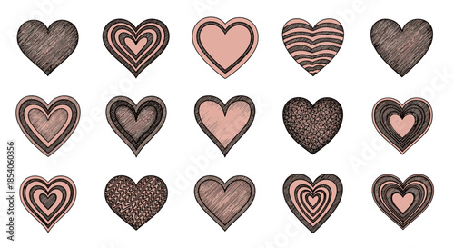 Grid of fifteen hand drawn heart illustrations with unique patterns like stripes and scribbles in a vintage style.