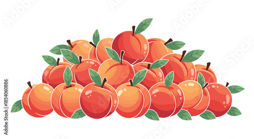 Large heap of ripe and juicy peaches with green leaves rendered in a vibrant and colorful stylized digital painting.
