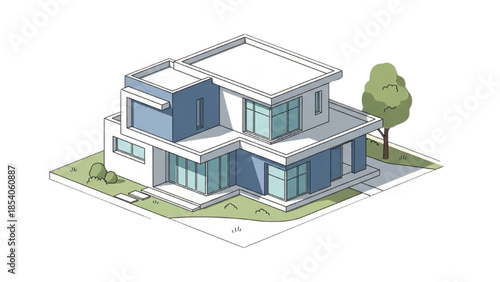 Modern house with blue accents and green surroundings viewed from above