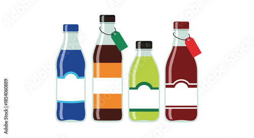 Set of four plastic drink bottles with blank labels in various sizes and colors like blue orange green and dark red.