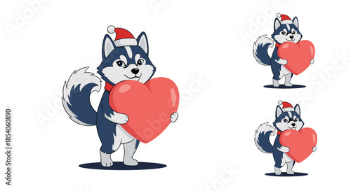 Husky puppy wearing a red Santa hat holds a large red heart in three different sizes for Christmas and holiday greetings.
