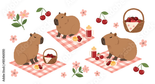 Cute illustration of capybaras enjoying a garden picnic with cherries, dessert, and juice on red checkered blankets on white.
