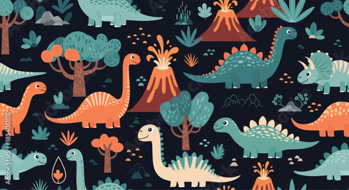 Vibrant prehistoric pattern for kids featuring various dinosaurs in a landscape with active volcanoes and lush green trees.
