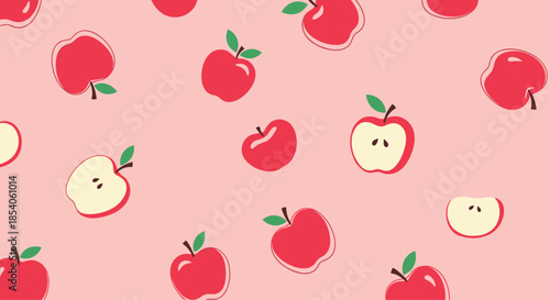 Cheerful seamless pattern of whole and sliced red apples with green leaves on a bright pink background for a food theme.
