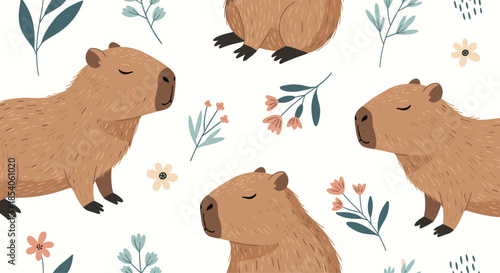 Sweet seamless pattern of cute capybaras and colorful flowers with leaves on a clean white background for a nursery decor.
