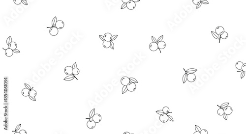 Minimalist black and white seamless pattern of hand drawn berry sprigs with leaves scattered on a plain white background.