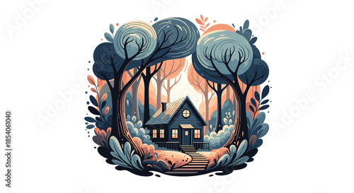 Cozy illustration of a small wooden cabin with a lit window nestled deep within a dense pine forest during a soft sunset.