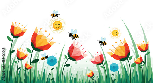 Playful geometric illustration of bees flying over colorful flowers with smiling suns in a lush green meadow on white.