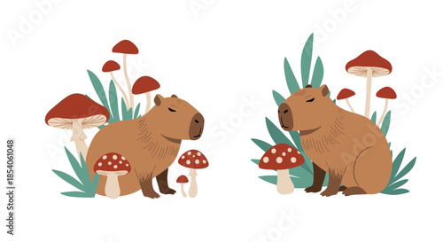 Illustration of two cute capybaras sitting separately among various red and white mushrooms and green forest foliage on white.