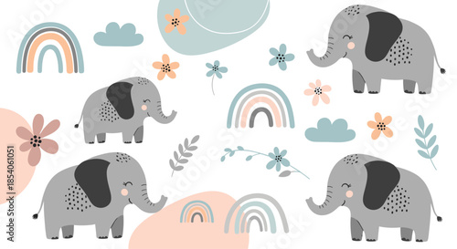 Collection of adorable grey elephant characters surrounded by pastel rainbows and botanical floral elements for kids design projects.
