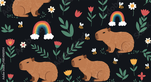 Whimsical seamless pattern with capybaras and buzzing honey bees amongst colorful flowers and rainbows on a dark background.