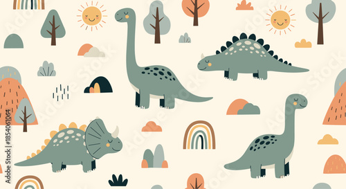 Seamless vector pattern featuring various cute dinosaurs among trees and rainbows on a warm neutral cream background for kids.