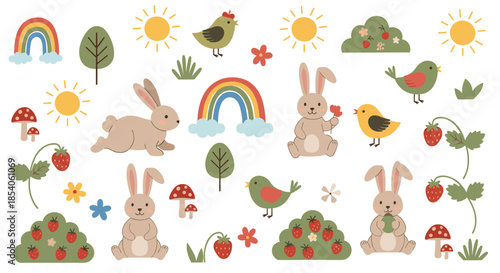 Collection of cute hand drawn illustrations featuring bunnies and birds with rainbows and strawberries for kids room design.