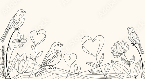 Elegant horizontal border featuring birds perched on flowers and heart shaped plants in a delicate black line art style on cream.