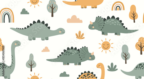 Cute seamless pattern of various dinosaur species with smiling suns and rainbows on a clean white background for children designs.