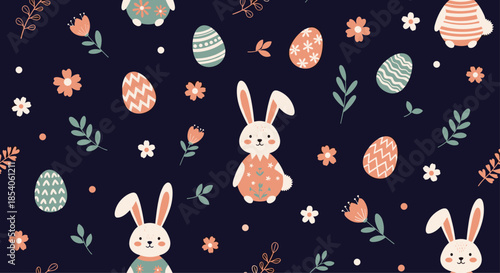 Whimsical Easter pattern on a dark navy background featuring cute white bunnies colorful patterned eggs and spring flowers.