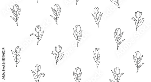 Clean black and white seamless pattern featuring simple line drawings of tulips with leaves on a white background.