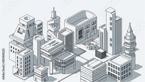 Isometric View of Modern Cityscape with Various Buildings and Architecture