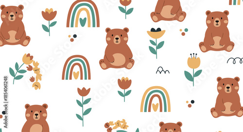Adorable children pattern featuring cute brown bears sitting between small rainbows and autumn flowers on white.