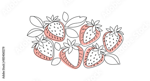 Artistic group of strawberries drawn with simple black outlines and featuring overlapping soft pink abstract shapes.
