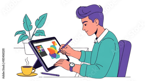 A man working on a digital illustration on a tablet at his desk with a cup of coffee