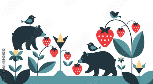 Two black bears picking and eating giant strawberries in a stylized field with birds and flowers in flat vector style.