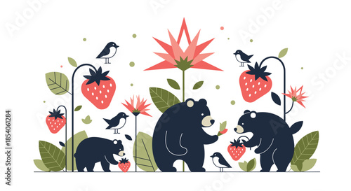 Woodland scene featuring black bears picking strawberries and flowers accompanied by small birds in a stylized art style.