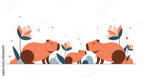 Family of three capybaras including a baby standing in a field of delicate orange and pink lilies with floating dots.