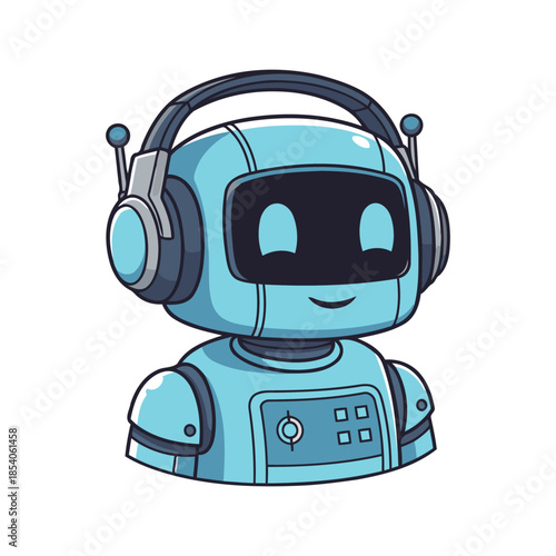 Cute cartoon blue robot wearing headphones smiling on white background