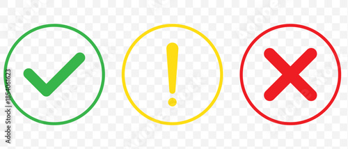 Set of flat round check mark, exclamation point, X mark icons, buttons isolated on a white background. Green check mark, exclamation point, red cross mark icon set. Vector illustration.